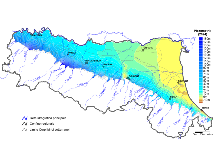 Piezometria media annua nei corpi idrici liberi e confinati superiori (2024)