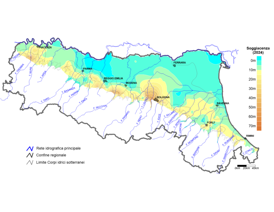 Soggiacenza media annua nei corpi idrici liberi e confinati inferiori (2024)
