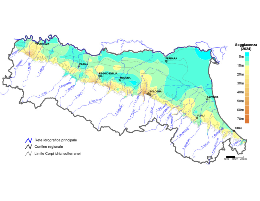 Soggiacenza media annua nei corpi idrici liberi e confinati superiori (2024)