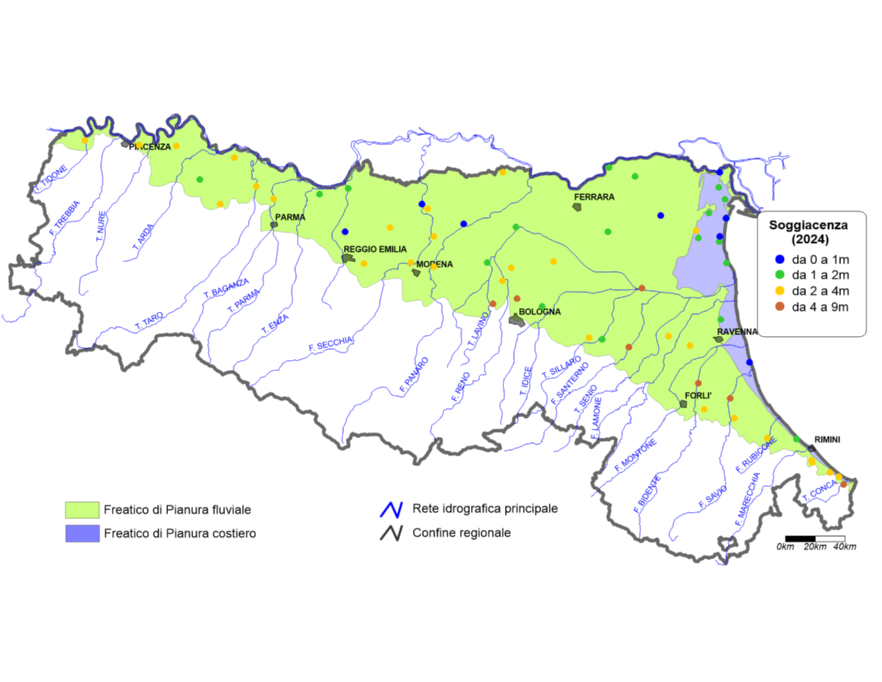 Soggiacenza media annua nei corpi idrici freatici di pianura (2024)