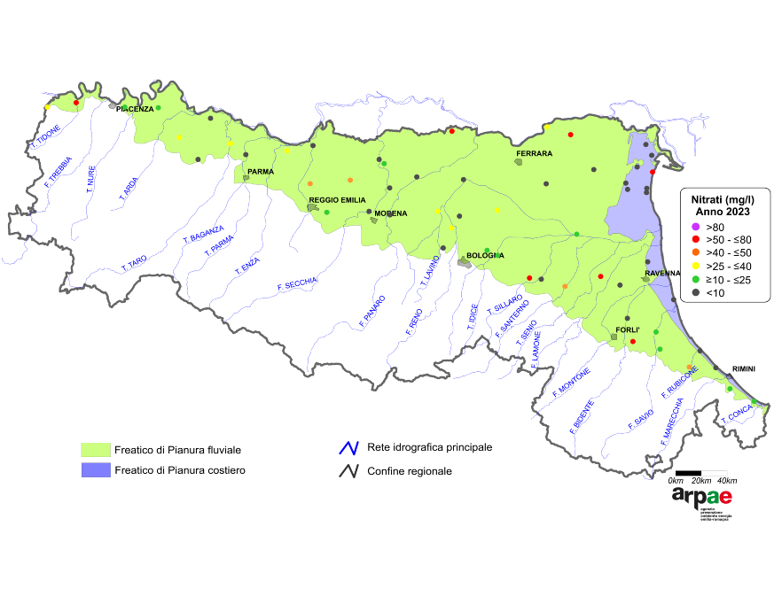Concentrazione media annua di nitrati nei corpi idrici freatici di pianura (2023)