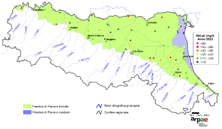 Figura 2: Concentrazione media annua di nitrati nei corpi idrici freatici di pianura (2023)