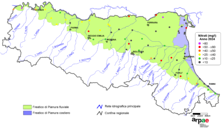 Figura 2: Concentrazione media annua di nitrati nei corpi idrici freatici di pianura (2024)