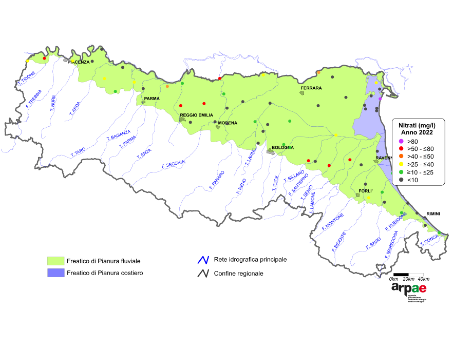Concentrazione media annua di nitrati nei corpi idrici freatici di pianura (2022)