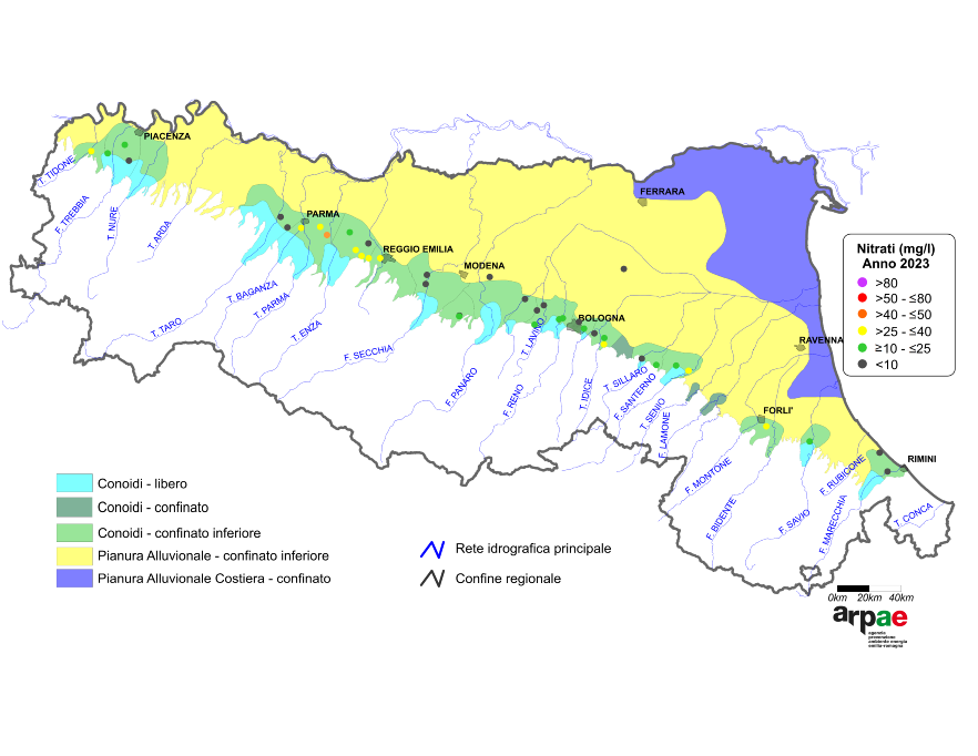 Concentrazione media annua di nitrati nei corpi idrici di conoide liberi e confinati inferiori (2023)