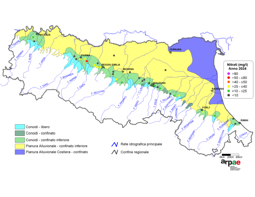 Concentrazione media annua di nitrati nei corpi idrici di conoide liberi e confinati inferiori (2024)