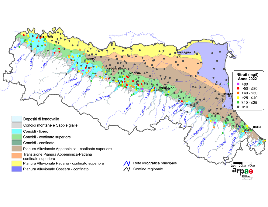 Concentrazione media annua di nitrati nei corpi idrici montani, liberi e confinati superiori (2022)