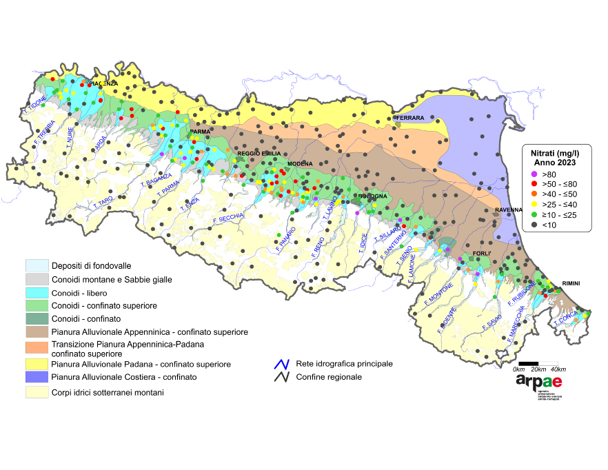 Concentrazione media annua di nitrati nei corpi idrici montani, liberi e confinati superiori (2023)