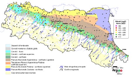 Figura 3: Concentrazione media annua di nitrati nei corpi idrici liberi e confinati superiori di pianura (2023)