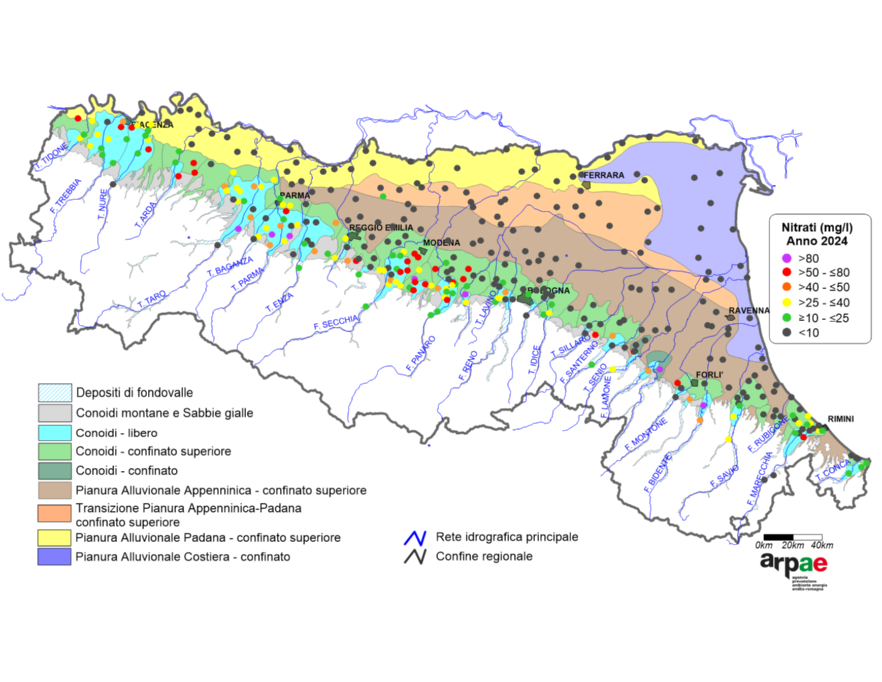 Concentrazione media annua di nitrati nei corpi idrici montani, liberi e confinati superiori (2024)