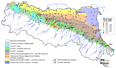 Figura 3: Concentrazione media annua di nitrati nei corpi idrici liberi e confinati superiori di pianura (2024)