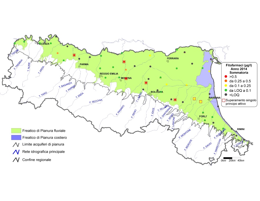 Concentrazione media annua di fitofarmaci nei corpi idrici freatici di pianura (2014)