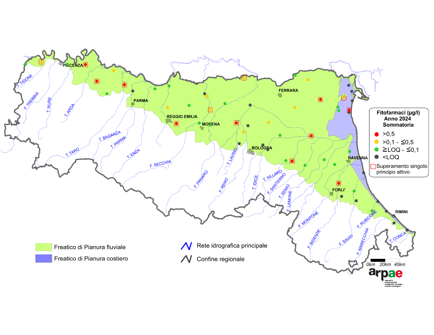 Concentrazione media annua di fitofarmaci nei corpi idrici freatici di pianura (2024)