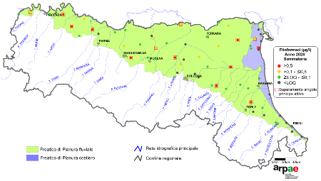 Figura 2: Concentrazione media annua di fitofarmaci nei corpi idrici freatici di pianura (2024)