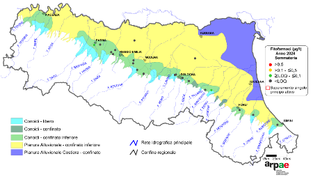 Figura 4: Concentrazione media annua di fitofarmaci nei corpi idrici di conoide liberi e confinati inferiori (2024)