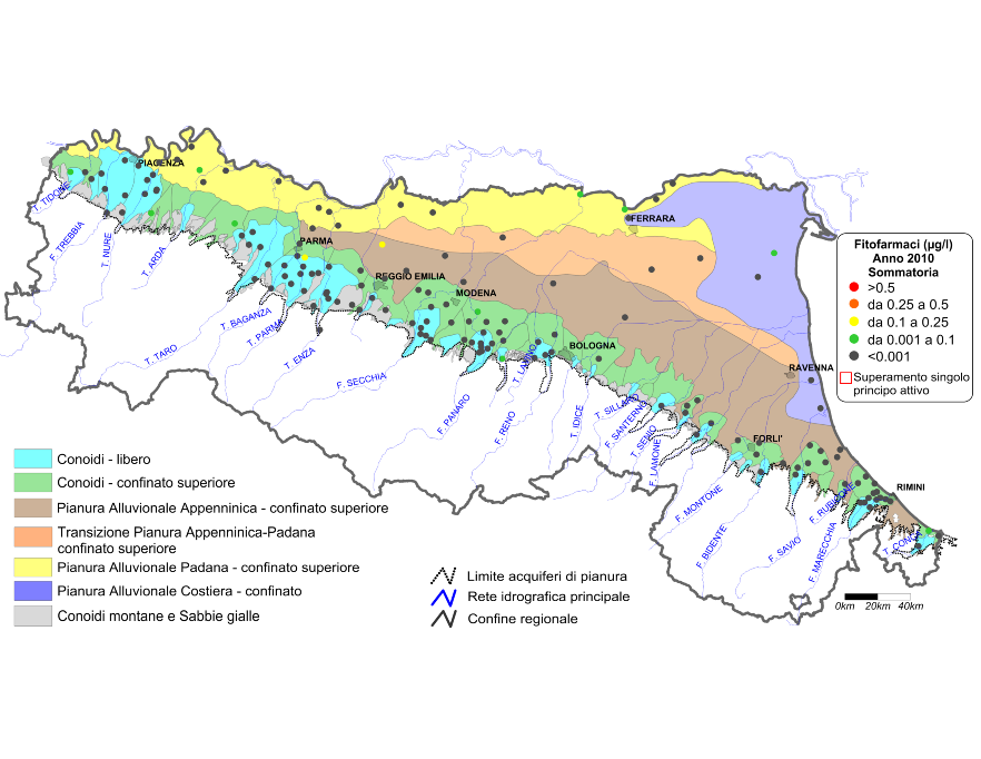 Concentrazione media annua di fitofarmaci nei corpi idrici montani, liberi e confinati superiori (2010)