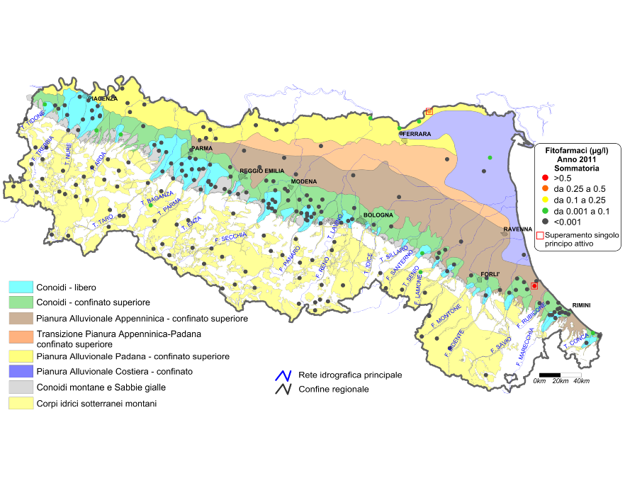 Concentrazione media annua di fitofarmaci nei corpi idrici montani, liberi e confinati superiori (2011)