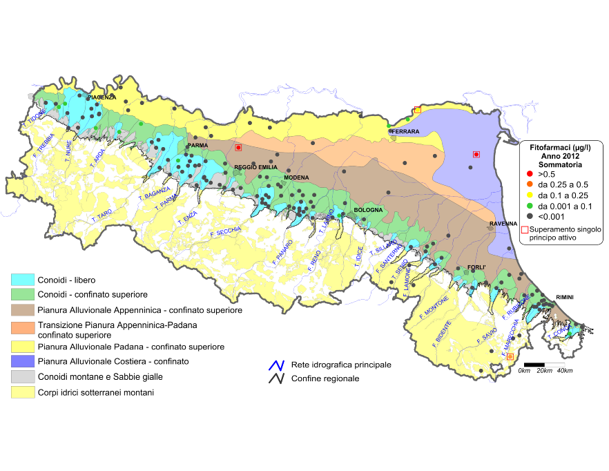 Concentrazione media annua di fitofarmaci nei corpi idrici montani, liberi e confinati superiori (2012)