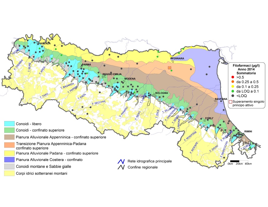 Concentrazione media annua di fitofarmaci nei corpi idrici montani, liberi e confinati superiori (2014)