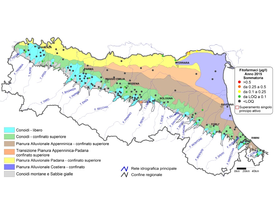 Concentrazione media annua di fitofarmaci nei corpi idrici montani, liberi e confinati superiori (2015)
