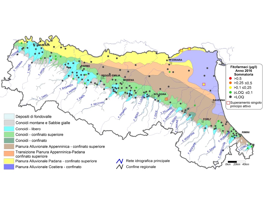 Concentrazione media annua di fitofarmaci nei corpi idrici montani, liberi e confinati superiori (2016)