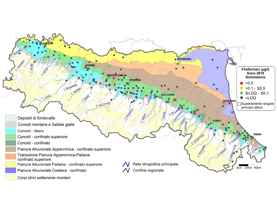 Concentrazione media annua di fitofarmaci nei corpi idrici montani, liberi e confinati superiori (2018)