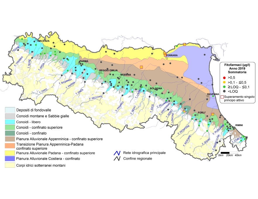 Concentrazione media annua di fitofarmaci nei corpi idrici montani, liberi e confinati superiori (2019)