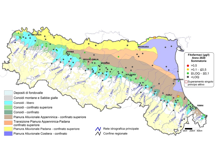 Concentrazione media annua di fitofarmaci nei corpi idrici montani, liberi e confinati superiori (2020)