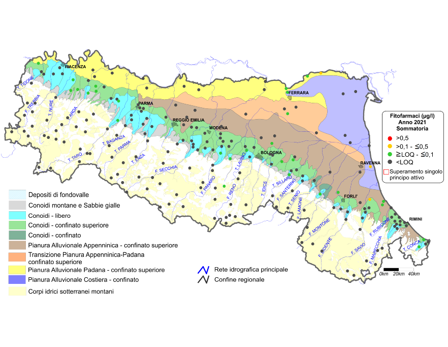 Concentrazione media annua di fitofarmaci nei corpi idrici montani, liberi e confinati superiori (2021)