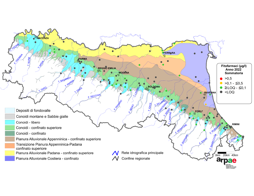 Concentrazione media annua di fitofarmaci nei corpi idrici montani, liberi e confinati superiori (2022)
