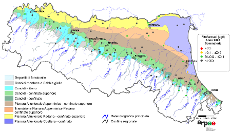 Figura 3: Concentrazione media annua di fitofarmaci nei corpi idrici montani, liberi e confinati superiori (2022)