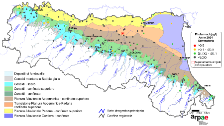 Figura 3: Concentrazione media annua di fitofarmaci nei corpi idrici montani, liberi e confinati superiori (2024)