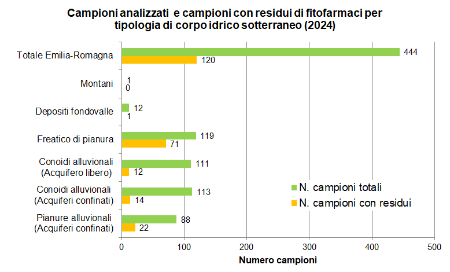 Figura 7: Campioni analizzati e campioni con residui di fitofarmaci nelle diverse tipologie di corpi idrici sotterranei (2024)