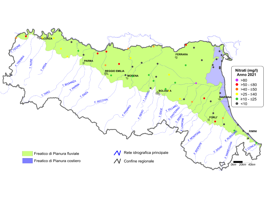 Concentrazione media annua di nitrati nei corpi idrici freatici di pianura (2021)
