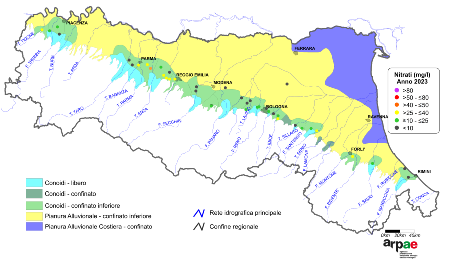 Figura 4: Concentrazione media annua di nitrati nei corpi idrici liberi e confinati inferiori di pianura (2023)