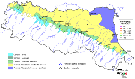 Figura 4: Concentrazione media annua di nitrati nei corpi idrici liberi e confinati inferiori di pianura (2024)