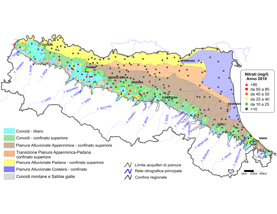 Concentrazione media annua di nitrati nei corpi idrici montani, liberi e confinati superiori (2010)