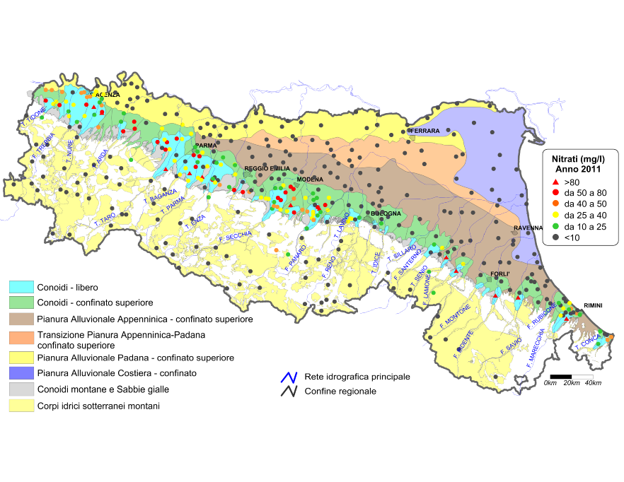 Concentrazione media annua di nitrati nei corpi idrici montani, liberi e confinati superiori (2011)
