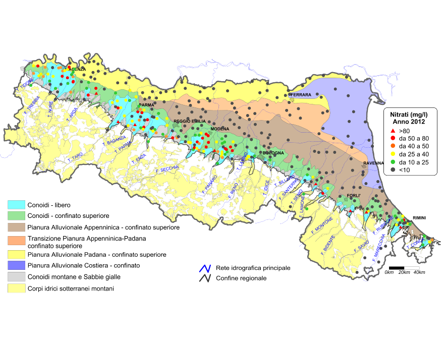 Concentrazione media annua di nitrati nei corpi idrici montani, liberi e confinati superiori (2012)