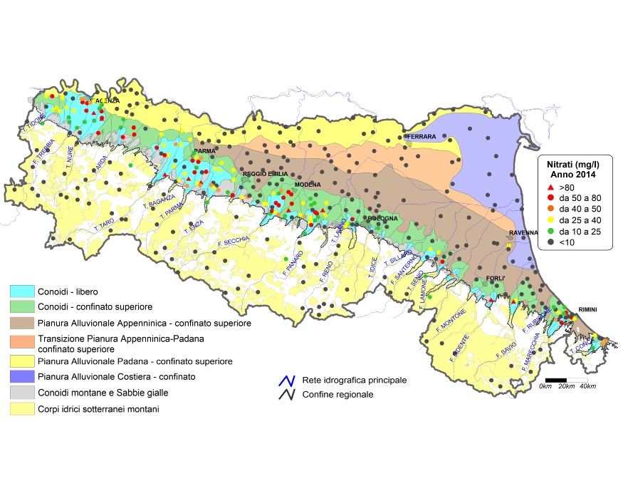 Concentrazione media annua di nitrati nei corpi idrici montani, liberi e confinati superiori (2014)