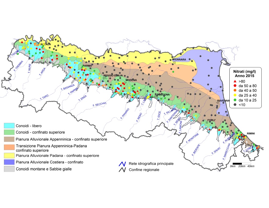 Concentrazione media annua di nitrati nei corpi idrici montani, liberi e confinati superiori (2015)