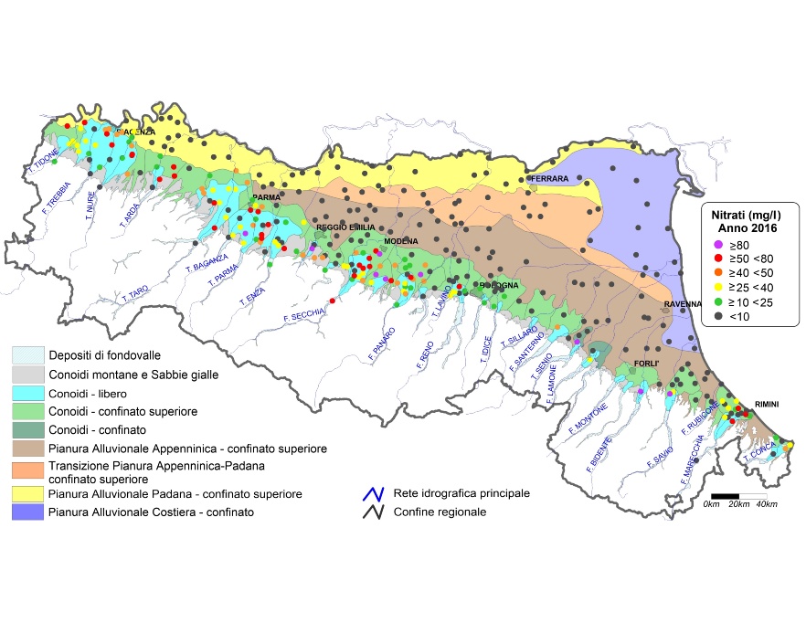Concentrazione media annua di nitrati nei corpi idrici montani, liberi e confinati superiori (2016)