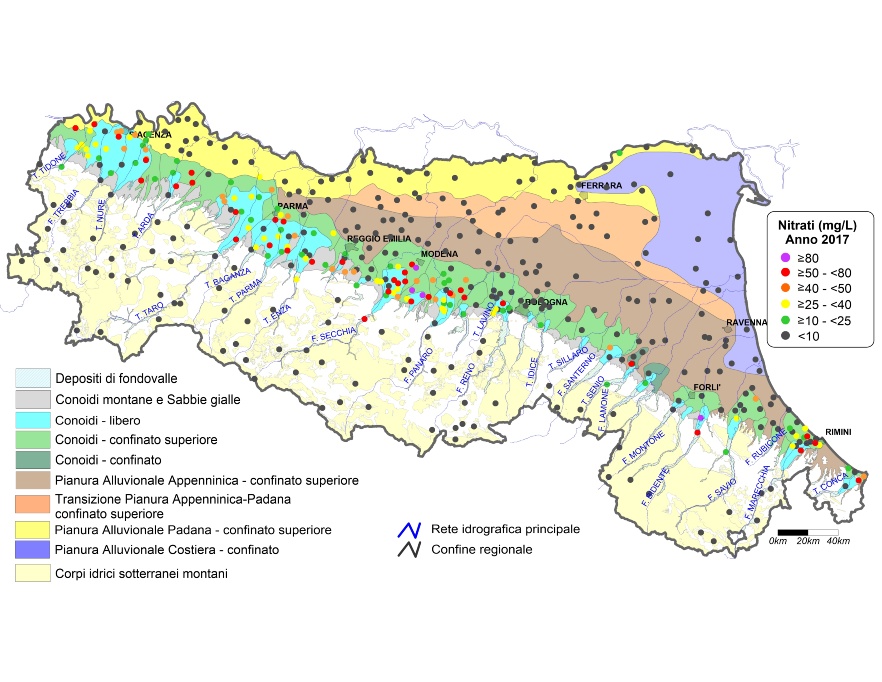Concentrazione media annua di nitrati nei corpi idrici montani, liberi e confinati superiori (2017)
