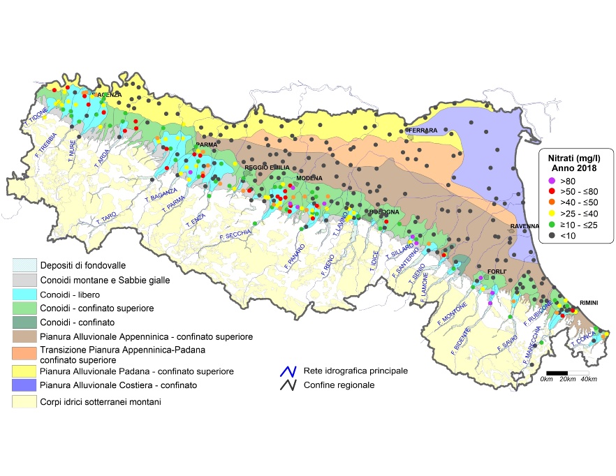 Concentrazione media annua di nitrati nei corpi idrici montani, liberi e confinati superiori (2018)