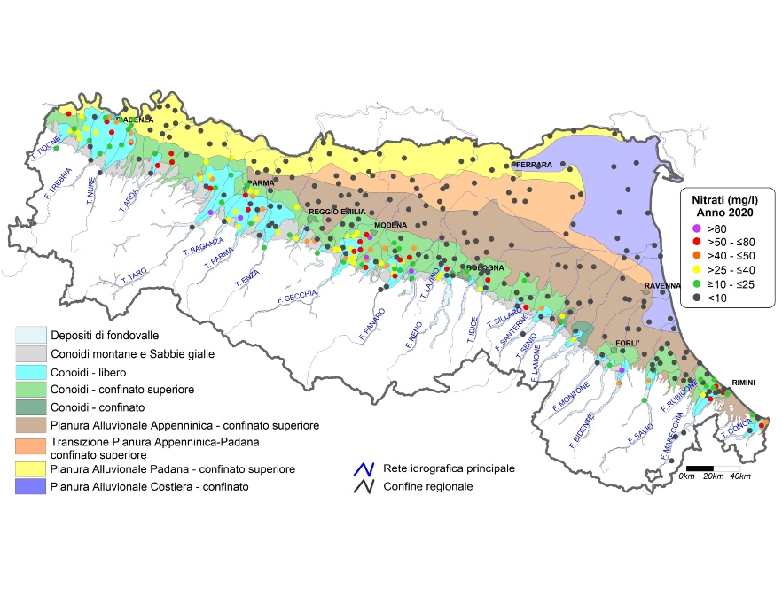 Concentrazione media annua di nitrati nei corpi idrici montani, liberi e confinati superiori (2020)