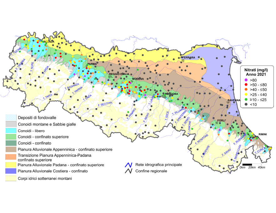 Concentrazione media annua di nitrati nei corpi idrici montani, liberi e confinati superiori (2021)