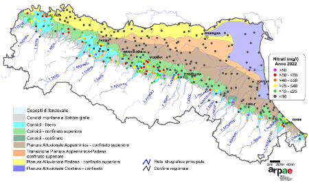 Figura 3: Concentrazione media annua di nitrati nei corpi idrici liberi e confinati superiori di pianura (2022)