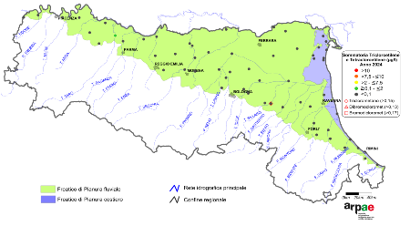 Figura 2: Concentrazione media annua di composti organoalogenati nei corpi idrici freatici di pianura (2024)