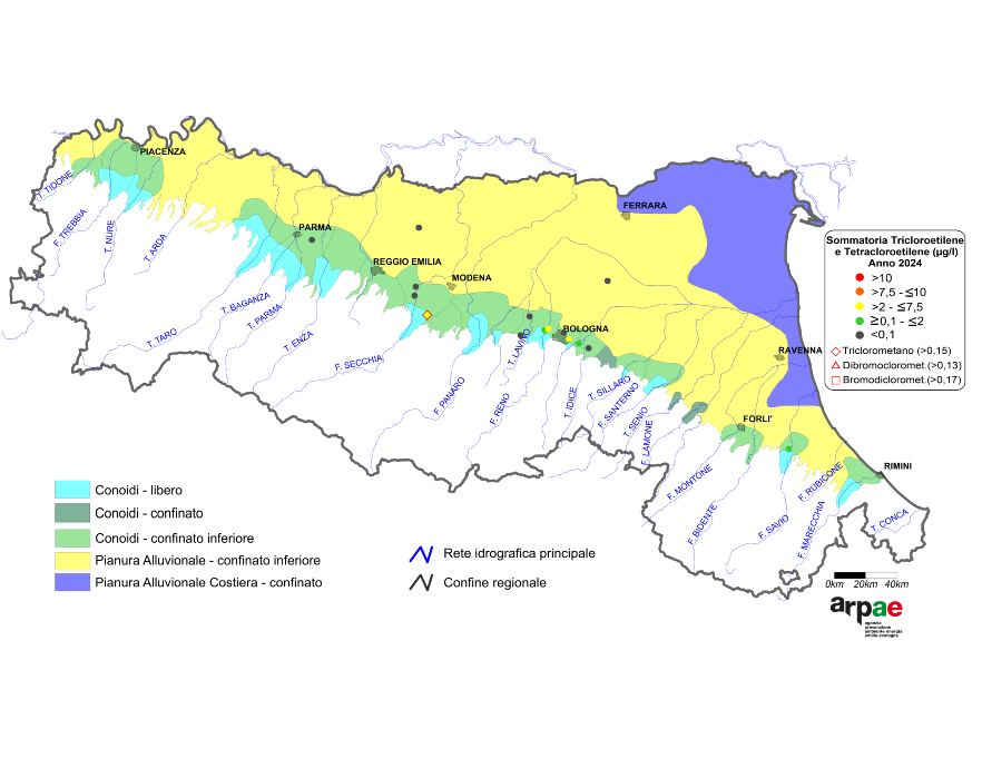 Concentrazione media annua di composti organoalogenati nei corpi idrici di conoide liberi e confinati inferiori (2024)