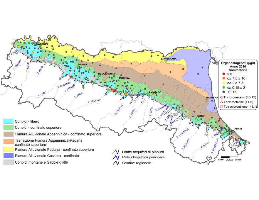 Concentrazione media annua di composti organoalogenati nei corpi idrici montani, liberi e confinati superiori (2010)